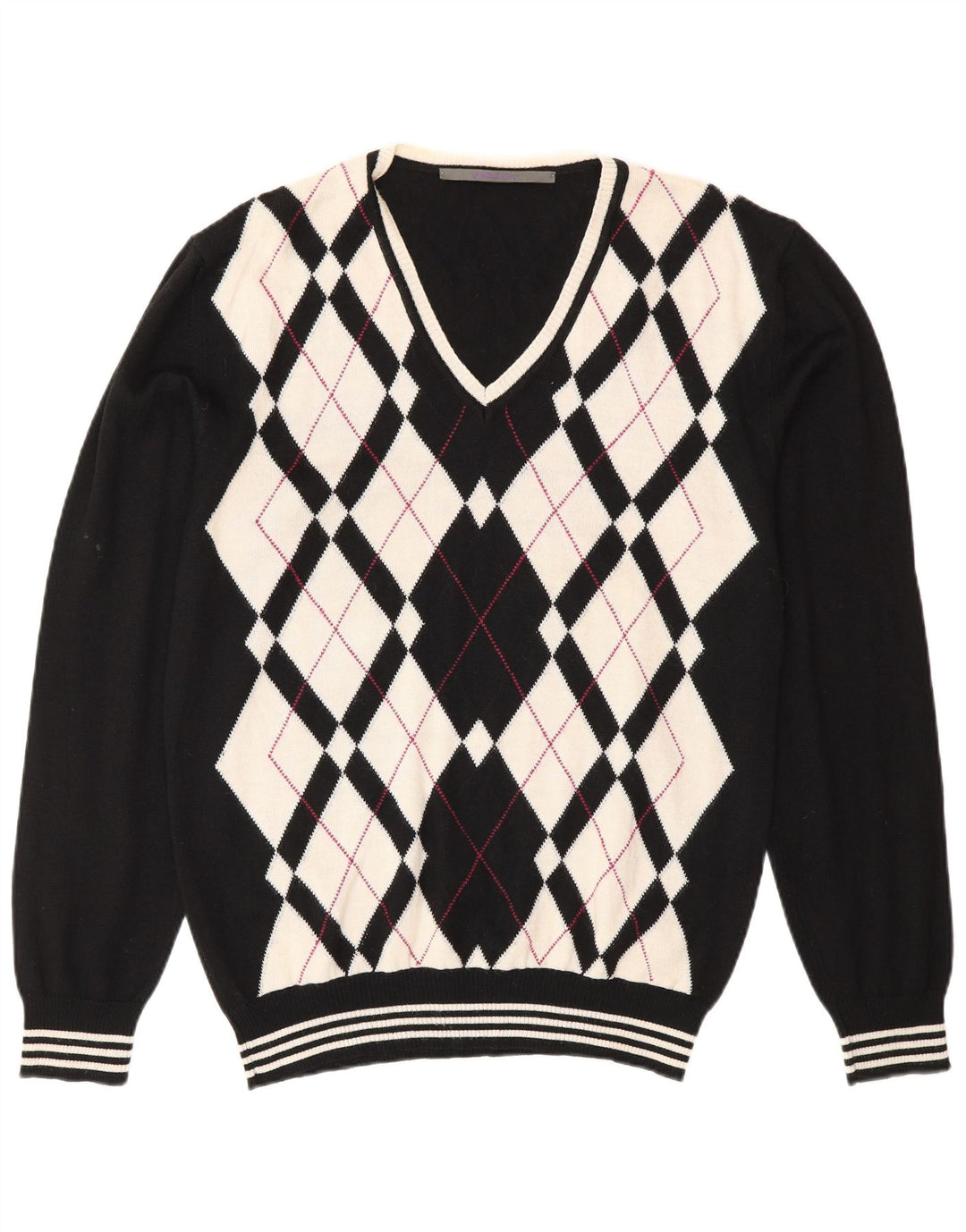 Vintage Mens V-Neck Jumper Sweater XL Black Argyle/Diamond Wool