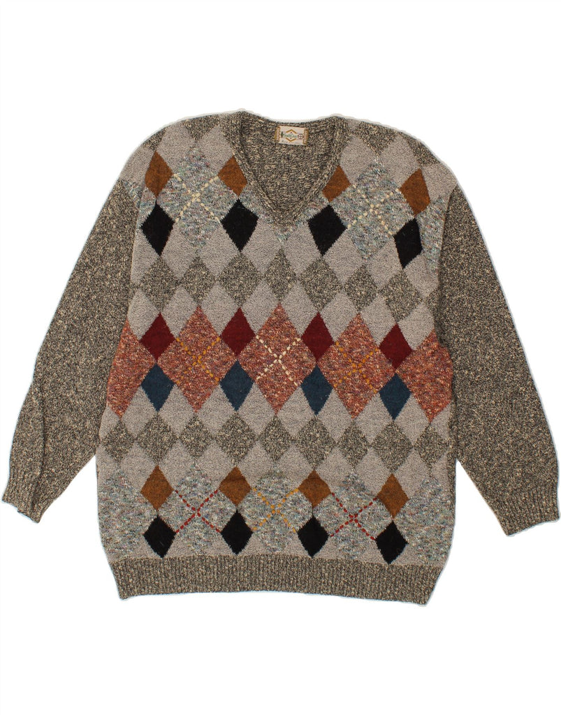SOUTH COAST Mens V-Neck Jumper Sweater Large Grey Argyle/Diamond Vintage South Coast and Second-Hand South Coast from Messina Hembry 