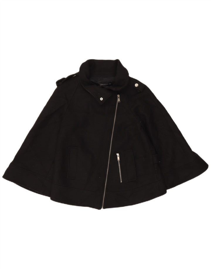 Zara Womens Short Poncho Coat UK 6 XS Black Wool