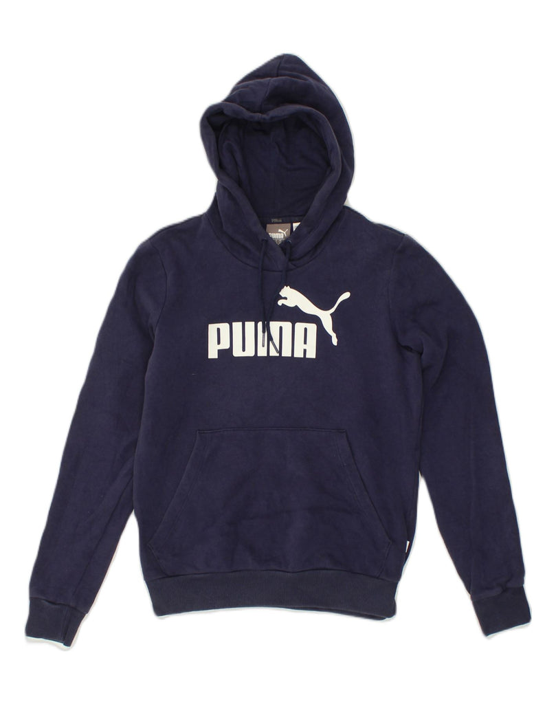 PUMA Womens Loose Fit Graphic Hoodie Jumper UK 10 Small Navy Blue Cotton | Vintage Puma | Thrift | Second-Hand Puma | Used Clothing | Messina Hembry 