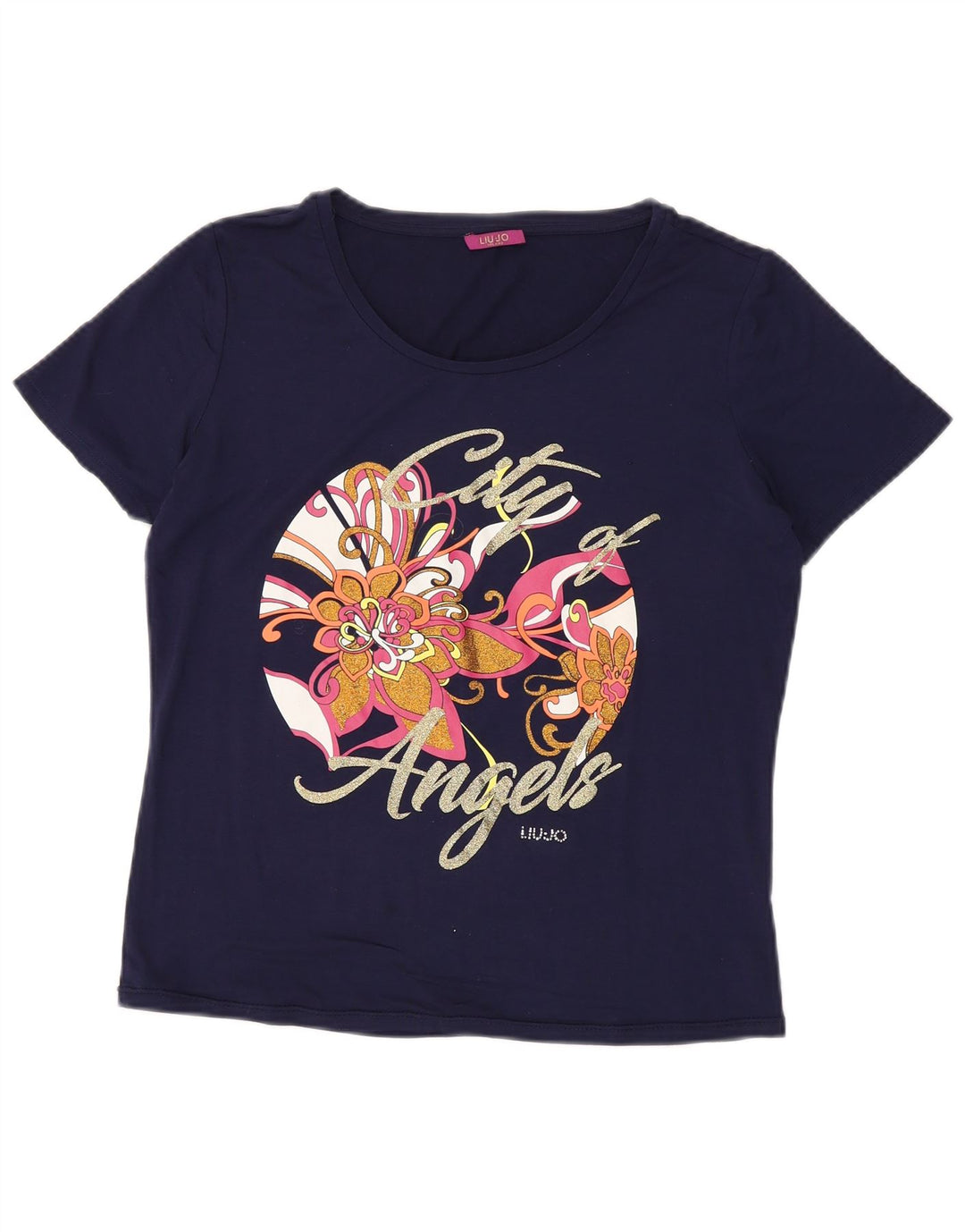 LIU JO Womens Graphic T-Shirt Top UK 14 Medium Navy Blue Floral