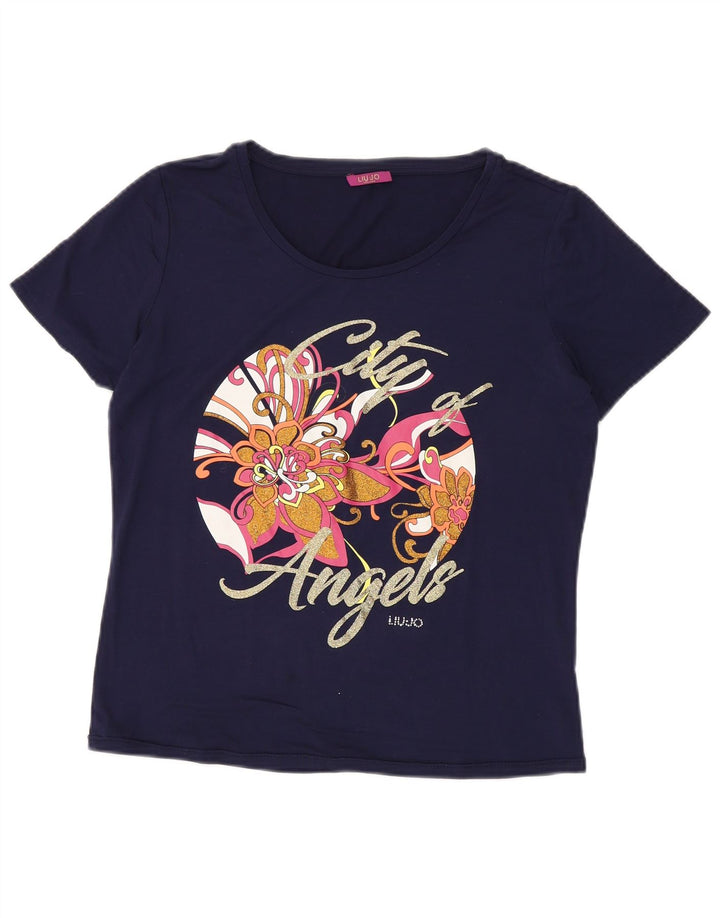 LIU JO Womens Graphic T-Shirt Top UK 14 Medium Navy Blue Floral