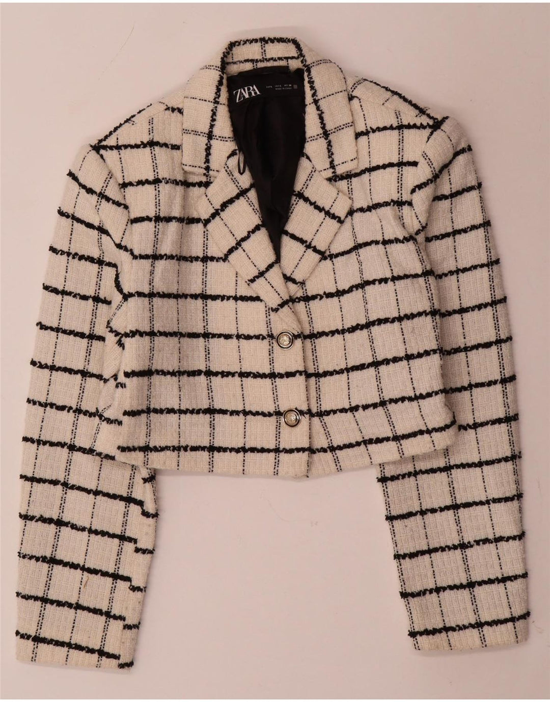 ZARA Womens Crop 2 Button Blazer Jacket UK 14 Large Beige Check Wool