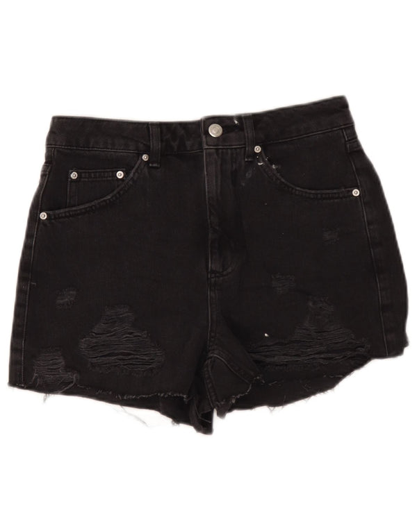 Topshop Womens Mom Distressed Denim Shorts UK 10 Small W28 Black Cotton