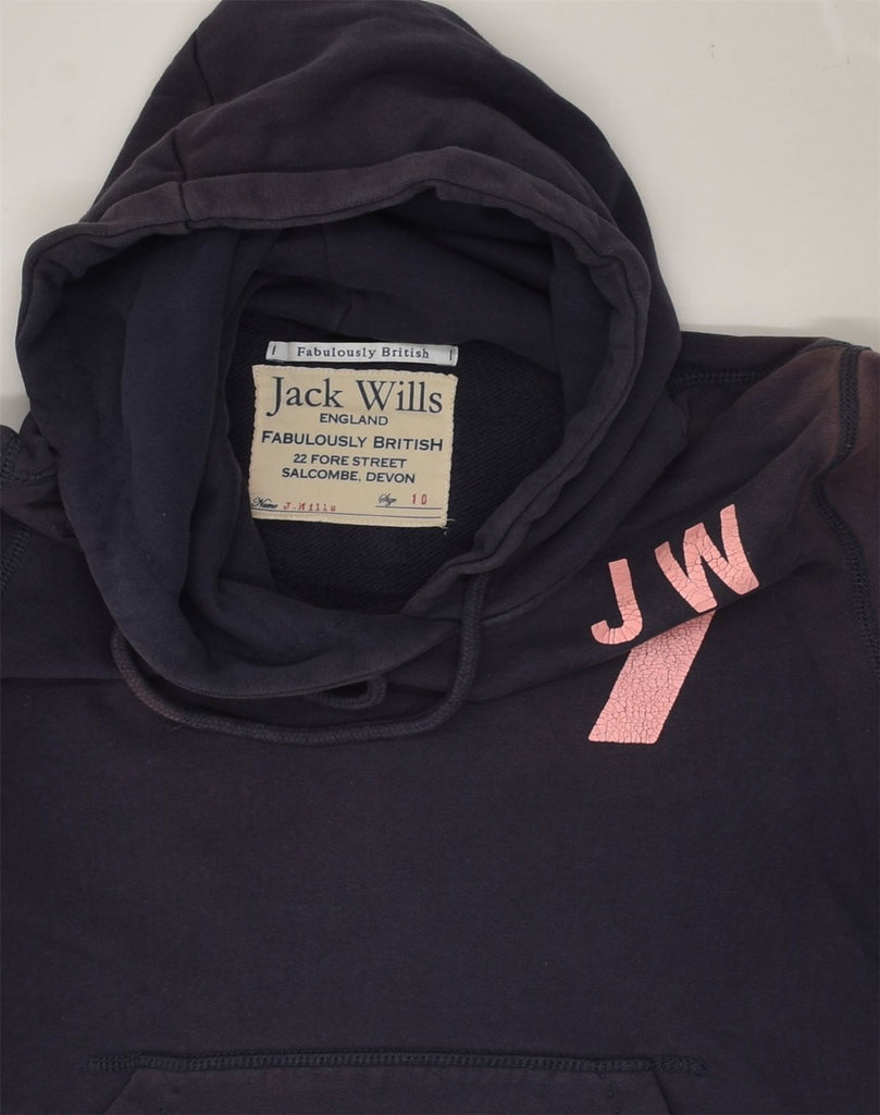 JACK WILLS Womens Graphic Hoodie Jumper UK 10 Small Navy Blue Cotton | Vintage Jack Wills | Thrift | Second-Hand Jack Wills | Used Clothing | Messina Hembry 