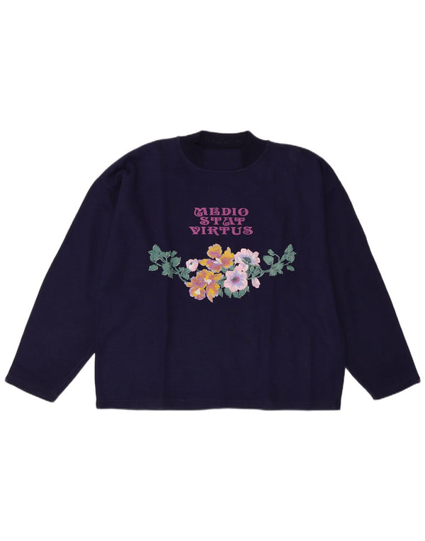 Vintage Womens Graphic Sweatshirt Jumper UK 18 XL Navy Blue Floral Cotton