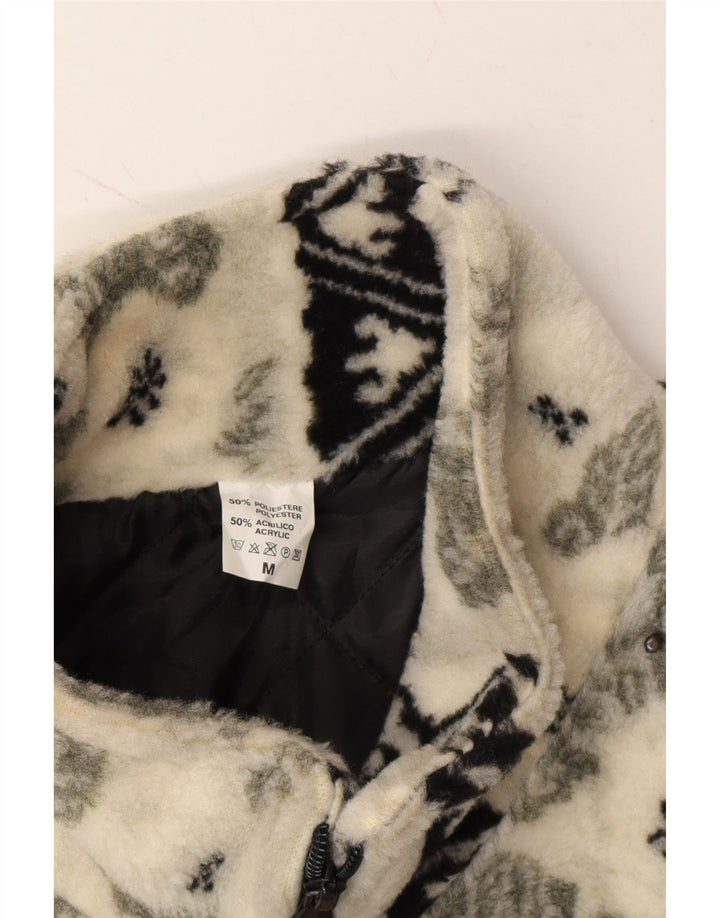 VINTAGE Womens Fleece Duffle Coat UK 14 Medium Off White Floral Polyester Vintage Vintage and Second-Hand Vintage from Messina Hembry 