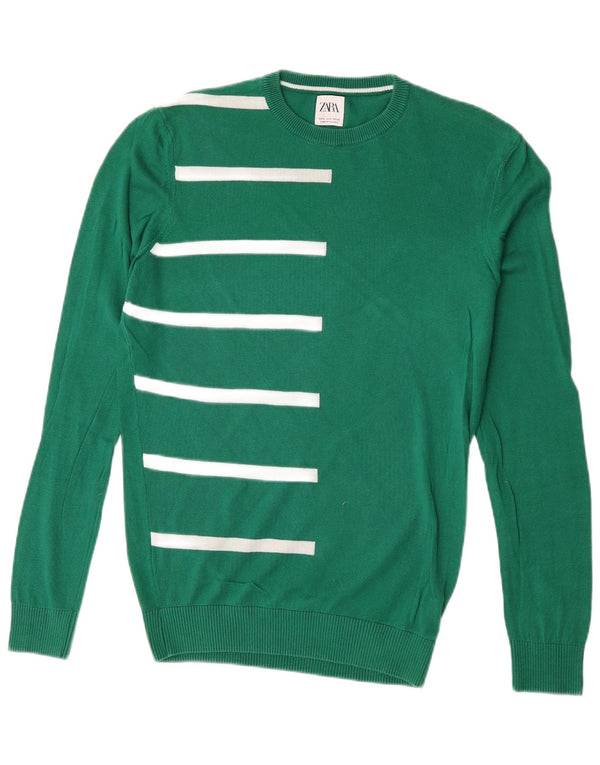 Zara Mens Crew Neck Jumper Sweater Medium Green Striped Cotton