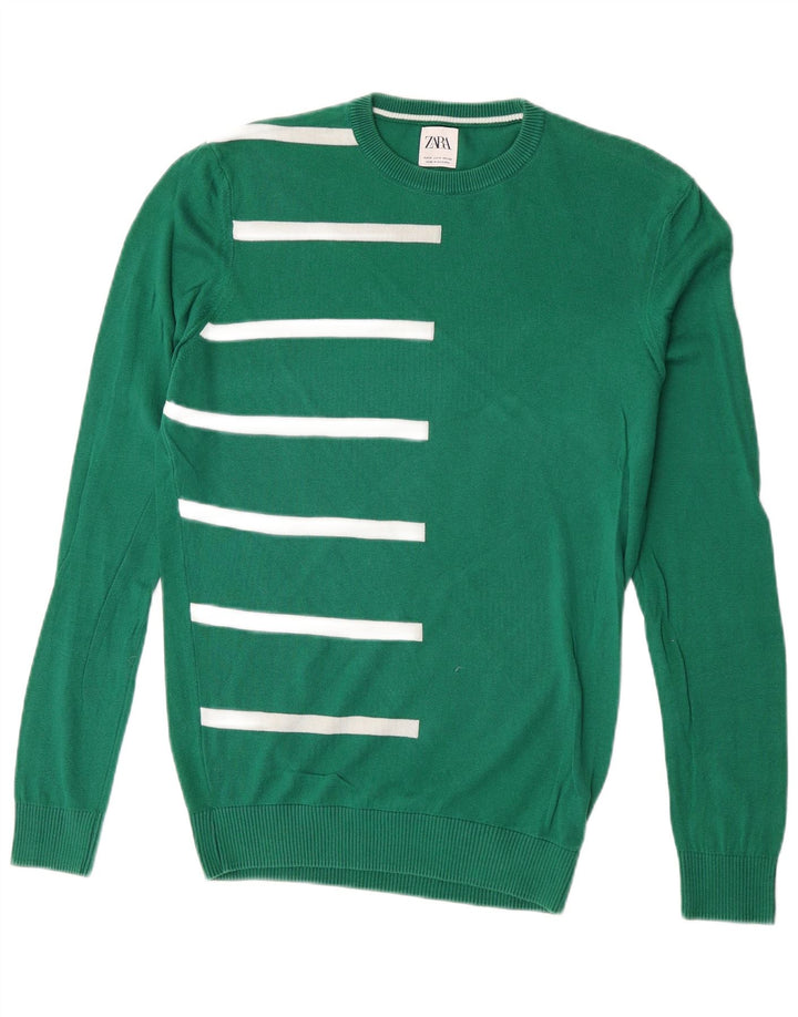 Zara Mens Crew Neck Jumper Sweater Medium Green Striped Cotton