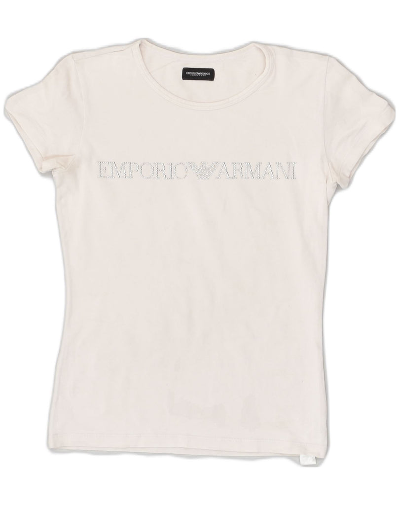 EMPORIO ARMANI Womens Graphic T-Shirt Top UK 6 XS White Cotton | Vintage Emporio Armani | Thrift | Second-Hand Emporio Armani | Used Clothing | Messina Hembry 