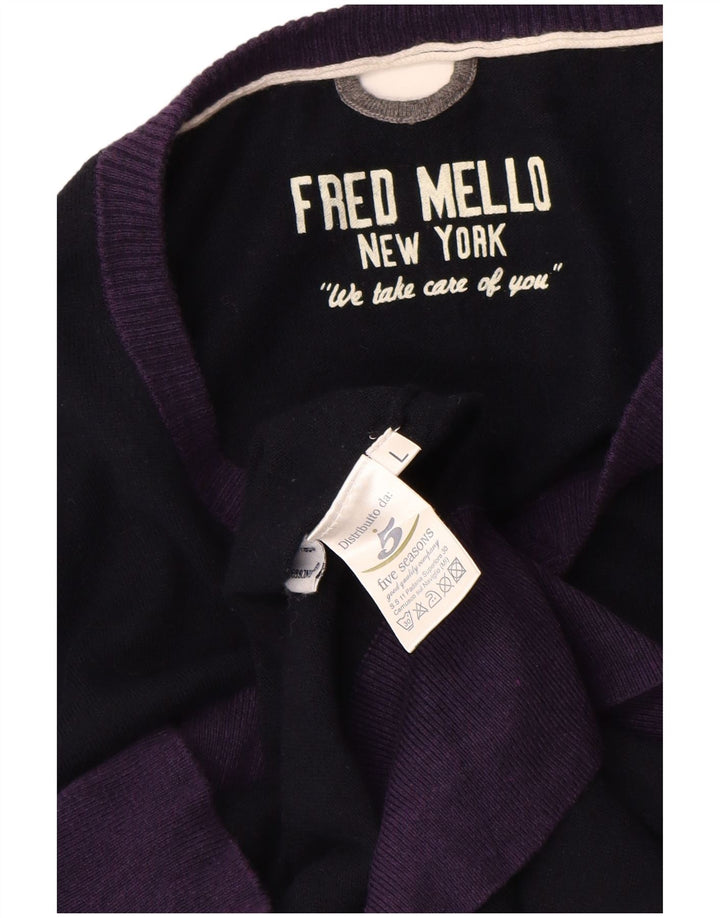 Fred Mello Mens V-Neck Jumper Sweater Large Navy Blue Colourblock Cotton