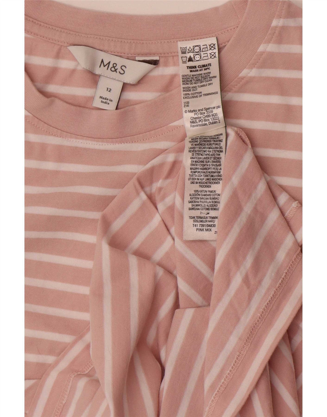 Marks & Spencer Womens T-Shirt Top UK 12 Medium Pink Striped Cotton