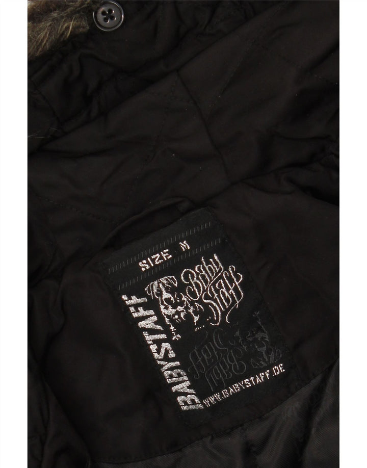 VINTAGE Womens Graphic Hooded Bomber Jacket UK 14 Medium Black Nylon