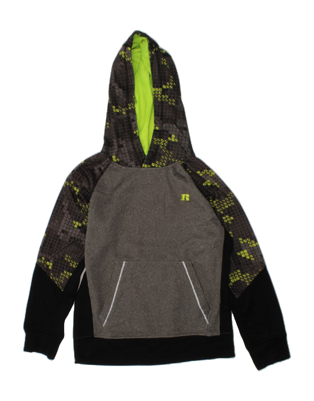 RUSSELL ATHLETIC Boys Hoodie Jumper 7-8 Years Medium Grey Colourblock Vintage Russell Athletic and Second-Hand Russell Athletic from Messina Hembry 