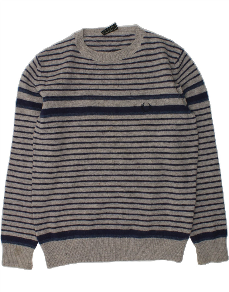 FRED PERRY Boys Crew Neck Jumper Sweater 9-10 Years Grey Striped Wool | Vintage Fred Perry | Thrift | Second-Hand Fred Perry | Used Clothing | Messina Hembry 