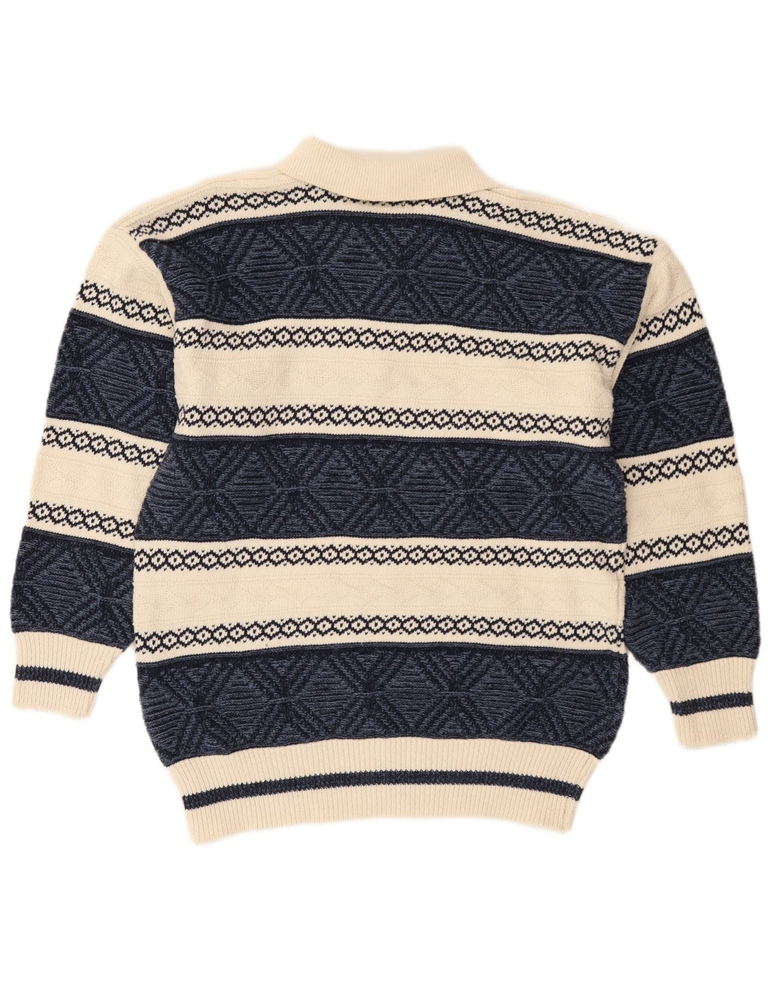 VINTAGE Mens Polo Neck Jumper Sweater Medium Navy Blue Fair Isle Cotton