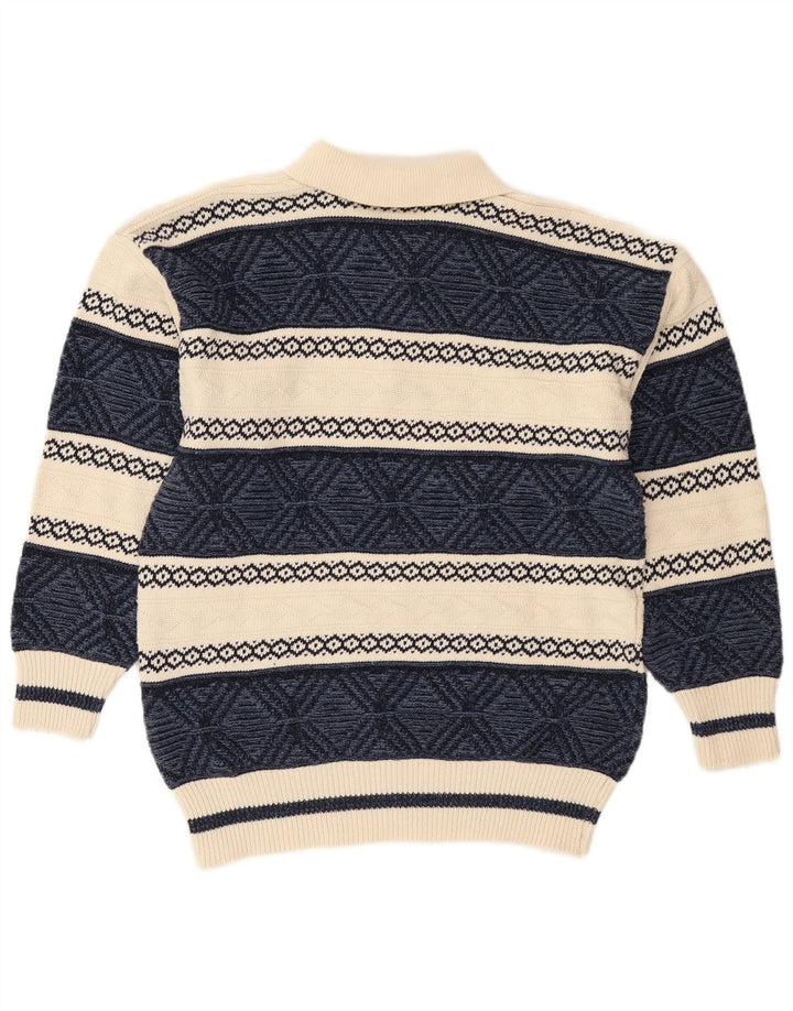 VINTAGE Mens Polo Neck Jumper Sweater Medium Navy Blue Fair Isle Cotton