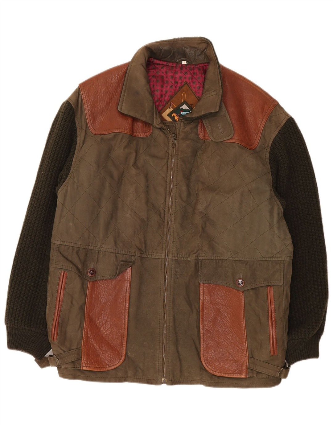 Vintage Mens Knit Leather Jacket UK 42 XL Khaki Colourblock Classic