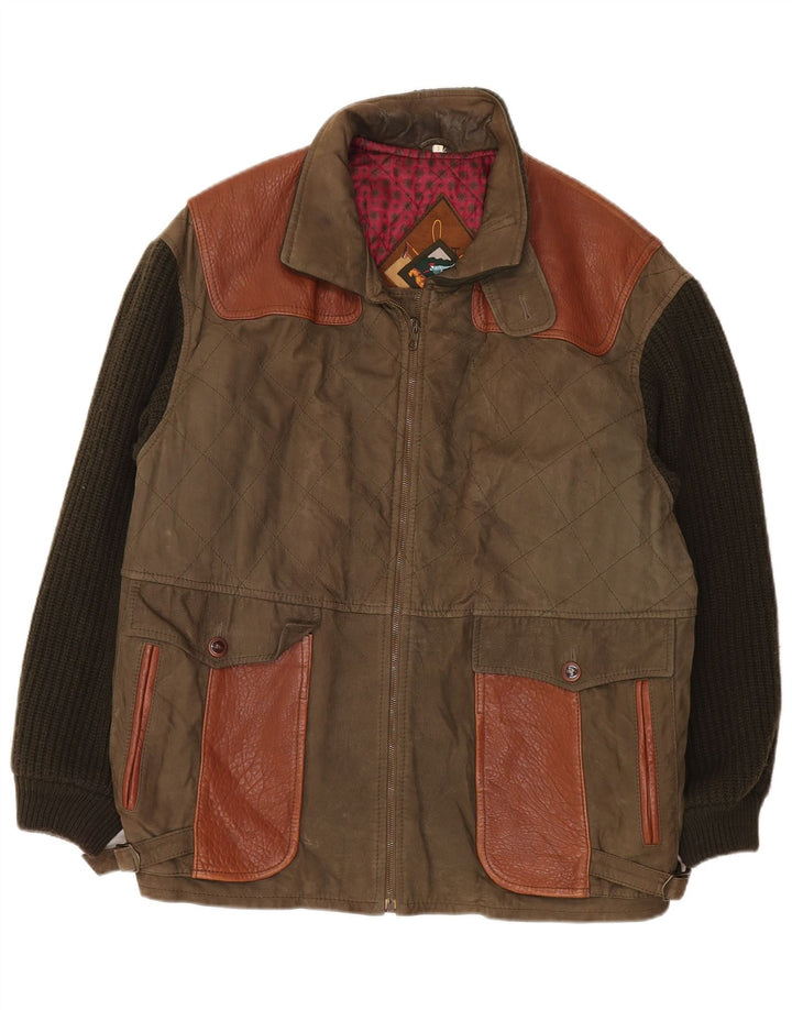 Vintage Mens Knit Leather Jacket UK 42 XL Khaki Colourblock Classic