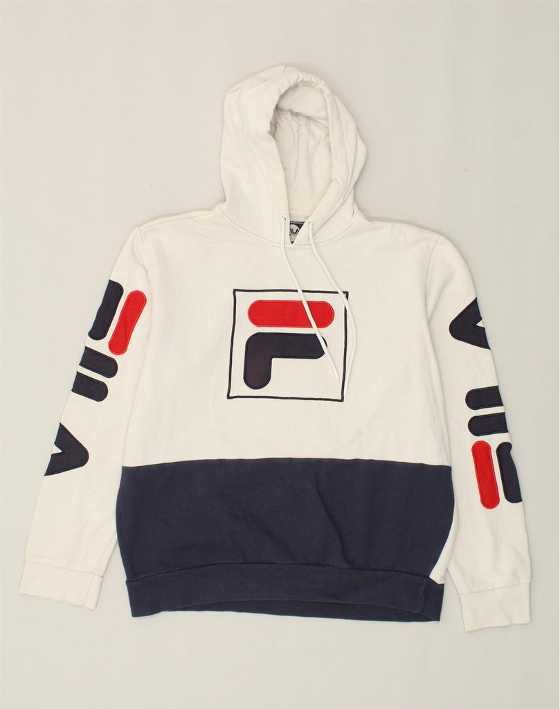 FILA Womens Graphic Hoodie Jumper UK 12 Medium Off White Colourblock | Vintage Fila | Thrift | Second-Hand Fila | Used Clothing | Messina Hembry 