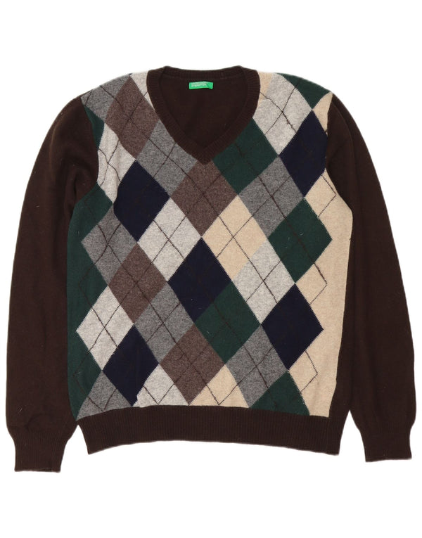 Benetton Mens V-Neck Jumper Sweater Medium Brown Argyle/Diamond Wool