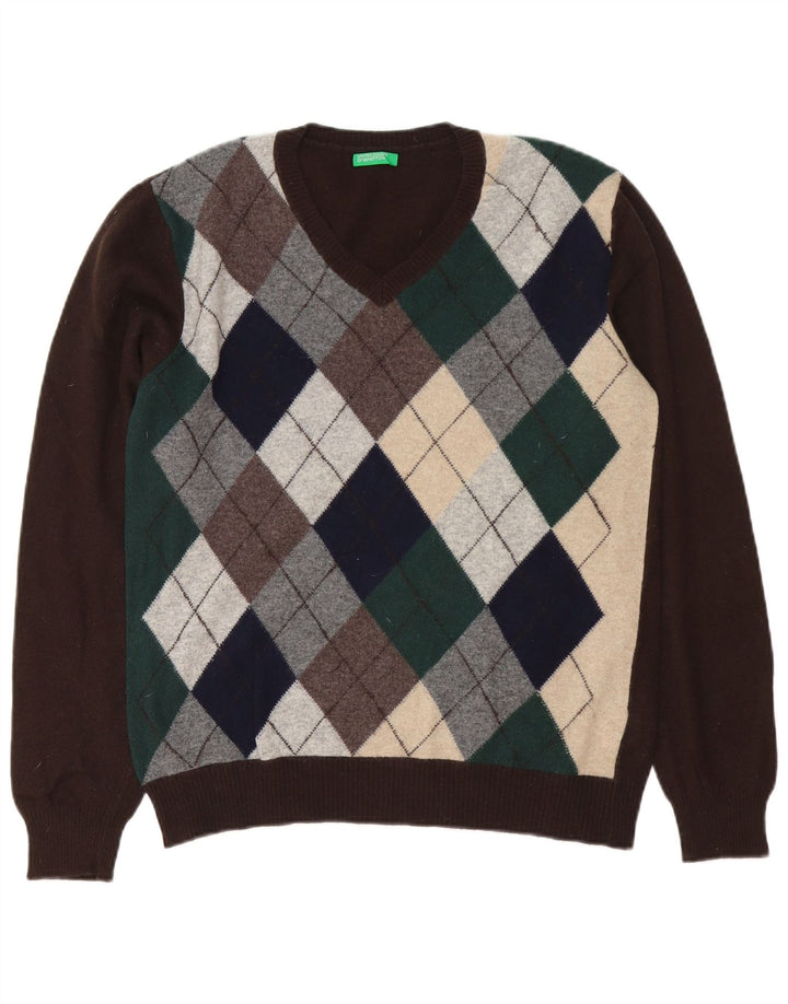 Benetton Mens V-Neck Jumper Sweater Medium Brown Argyle/Diamond Wool