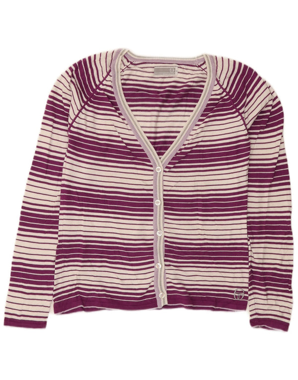 Sergio Tacchini Womens Cardigan Sweater UK 12 Medium Purple Striped Cotton