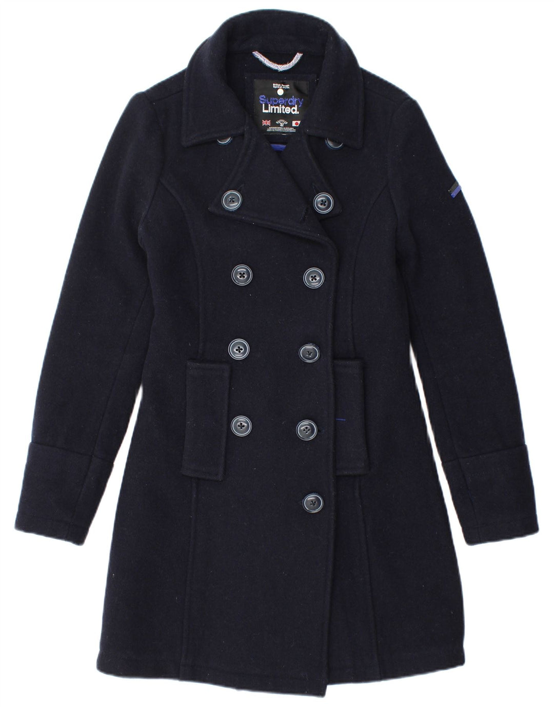 Superdry Womens Double Breasted Coat UK 6 XS Navy Blue Wool