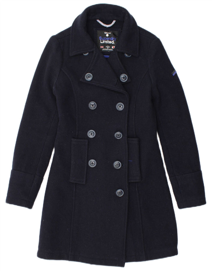 Superdry Womens Double Breasted Coat UK 6 XS Navy Blue Wool