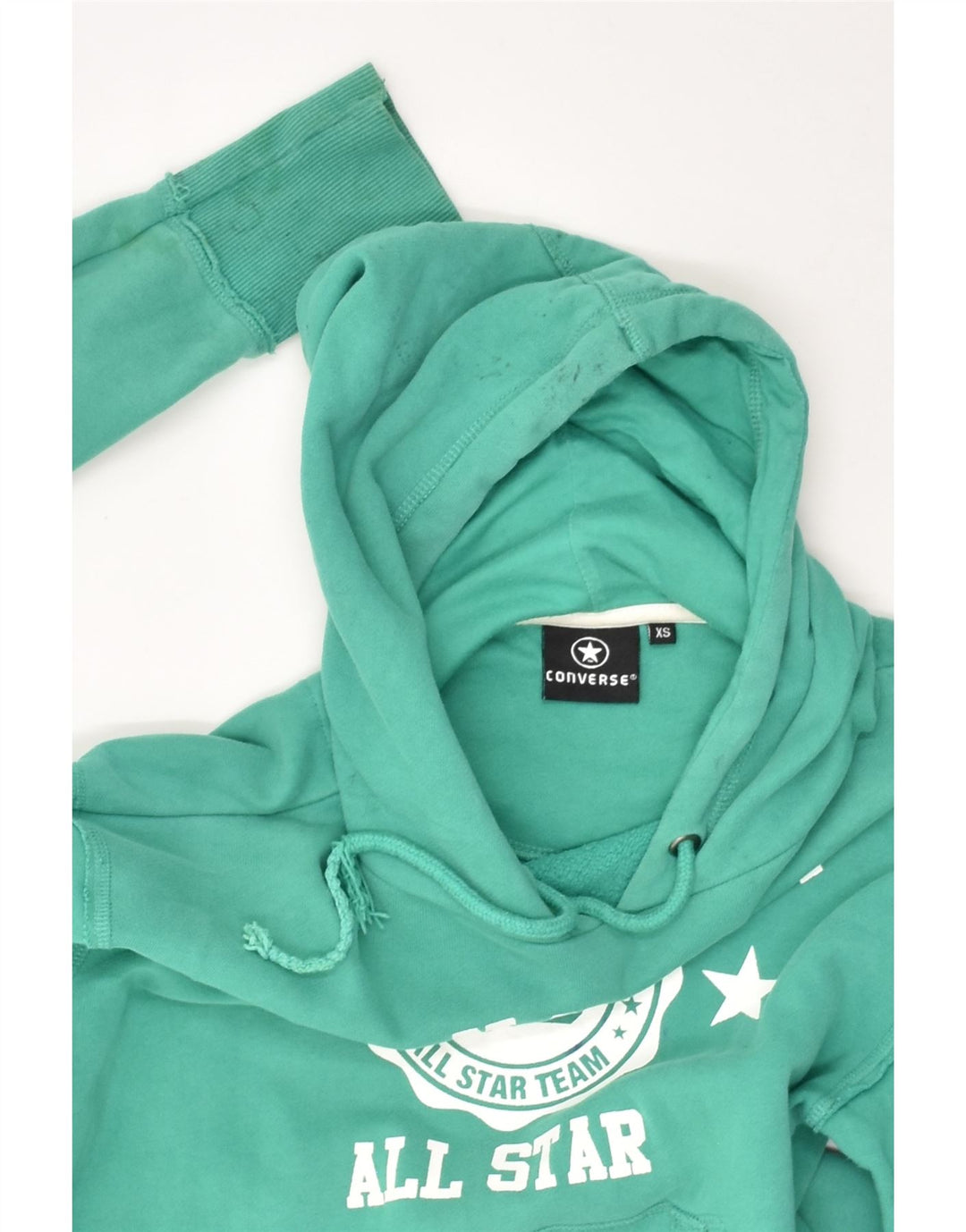 CONVERSE Womens Graphic Hoodie Jumper UK 6 XS Green Cotton | Vintage Converse | Thrift | Second-Hand Converse | Used Clothing | Messina Hembry 