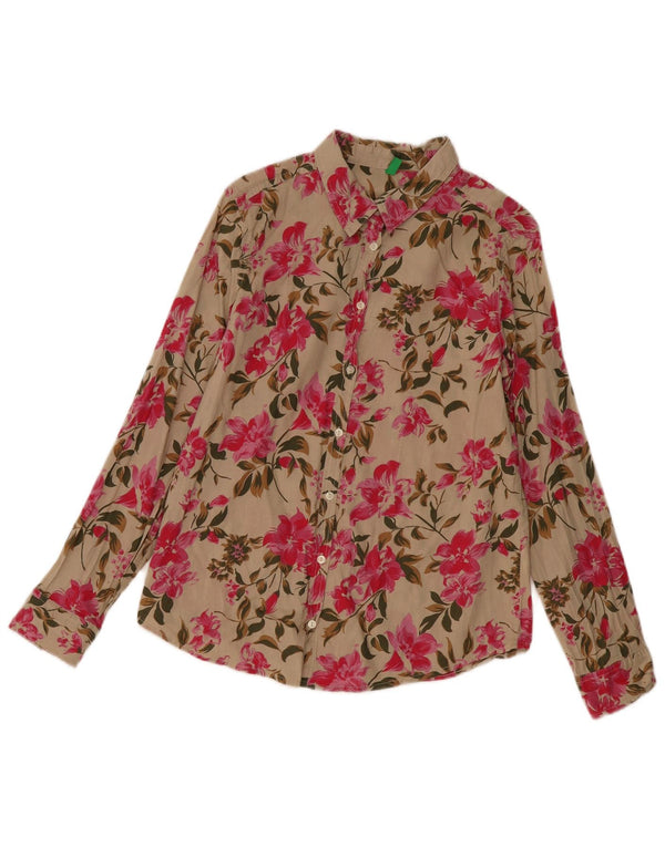 Benetton Womens Shirt UK 14 Medium Beige Floral Cotton