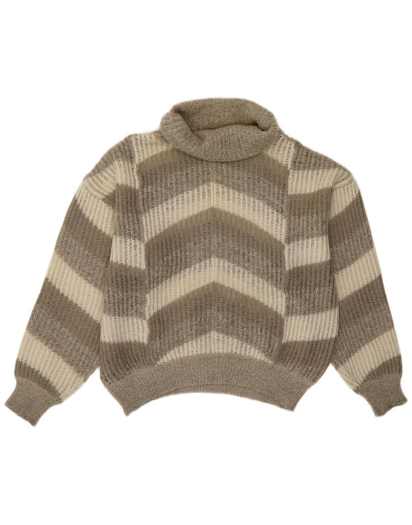 Vintage Womens Crop Roll Neck Jumper Sweater UK 14 Large Grey Striped