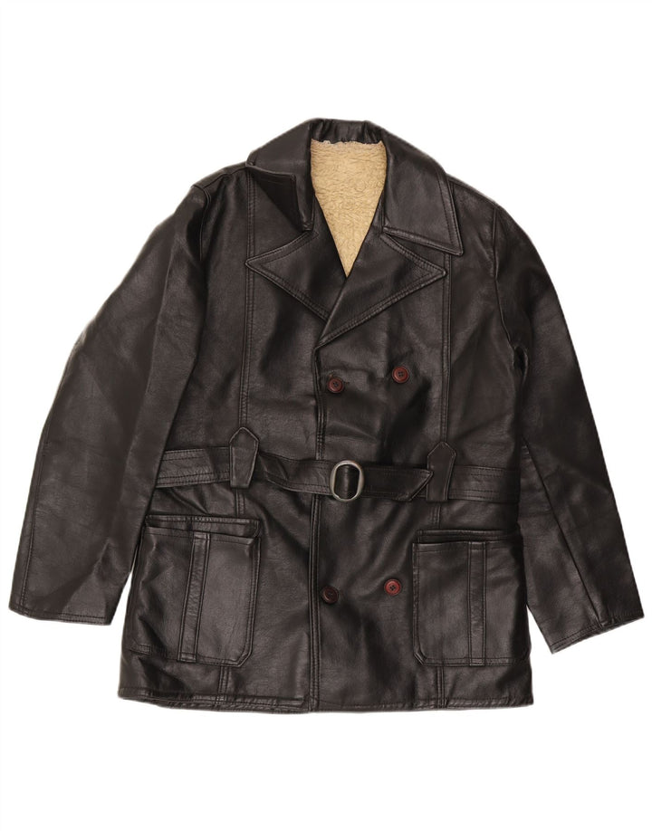 Vintage Mens Double Breasted Leather Jacket UK 36 Small Black Leather