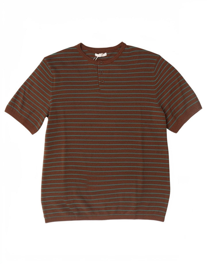 Zara Mens T-Shirt Top Medium Brown Striped Cotton