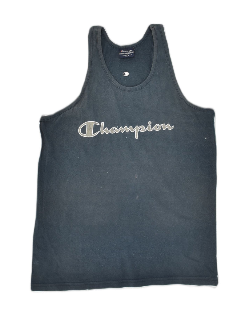 CHAMPION Womens Graphic Vest Top UK 14 Large Navy Blue Cotton | Vintage Champion | Thrift | Second-Hand Champion | Used Clothing | Messina Hembry 