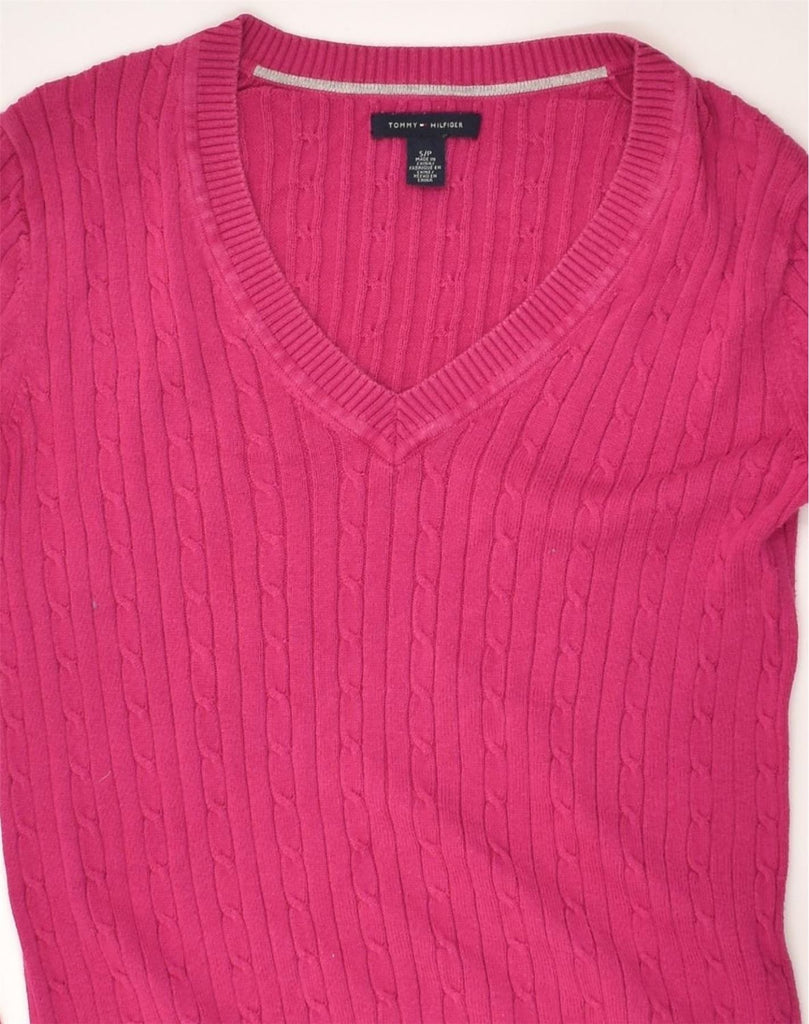 TOMMY HILFIGER Womens V-Neck Jumper Sweater UK 8 Small Pink Cotton | Vintage Tommy Hilfiger | Thrift | Second-Hand Tommy Hilfiger | Used Clothing | Messina Hembry 