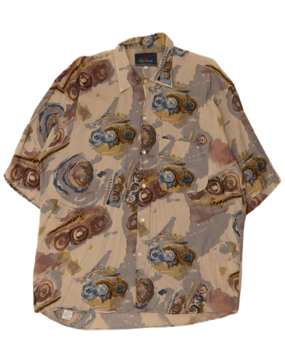 Vintage Mens Abstract Pattern Short Sleeve Shirt Large Beige Linen