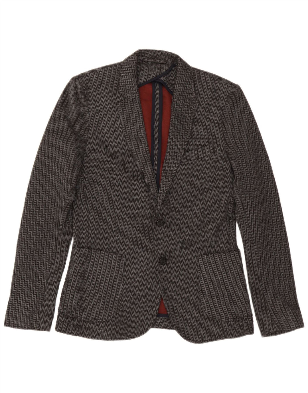 Zara Mens 2 Button Blazer Jacket EU 46 Small Grey Herringbone Polyester