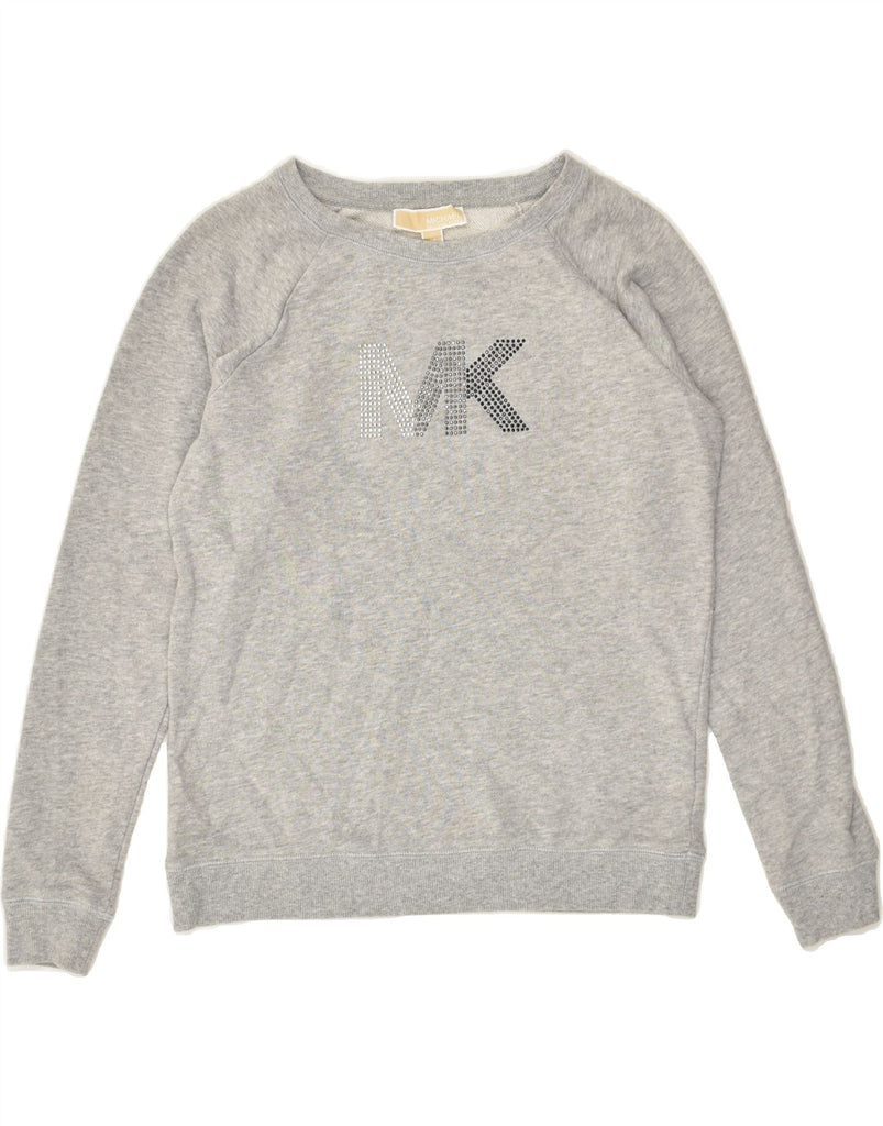 MICHAEL KORS Womens Graphic Sweatshirt Jumper UK 6 XS Grey Cotton | Vintage Michael Kors | Thrift | Second-Hand Michael Kors | Used Clothing | Messina Hembry 