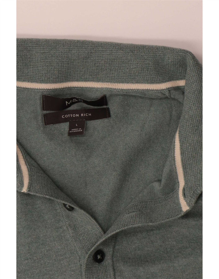 Marks & Spencer Mens Polo Neck Jumper Sweater Large Green Cotton