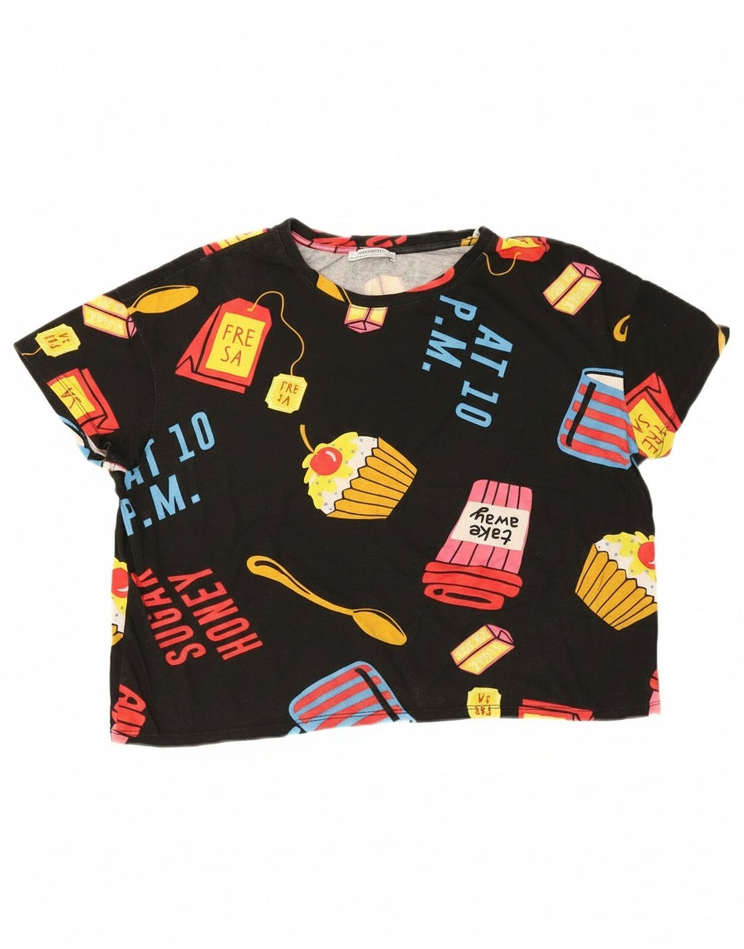 Zara Womens Crop Oversized Graphic T-Shirt Top UK 14 Medium Black