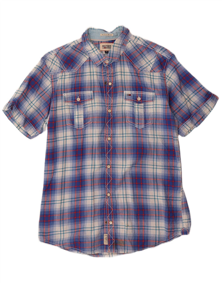 Tommy Hilfiger Mens Graphic Short Sleeve Shirt Medium Blue Check Cotton