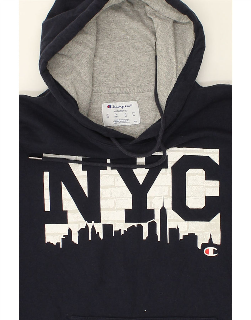 CHAMPION Mens New York City Graphic Hoodie Jumper Medium Navy Blue Cotton | Vintage Champion | Thrift | Second-Hand Champion | Used Clothing | Messina Hembry 