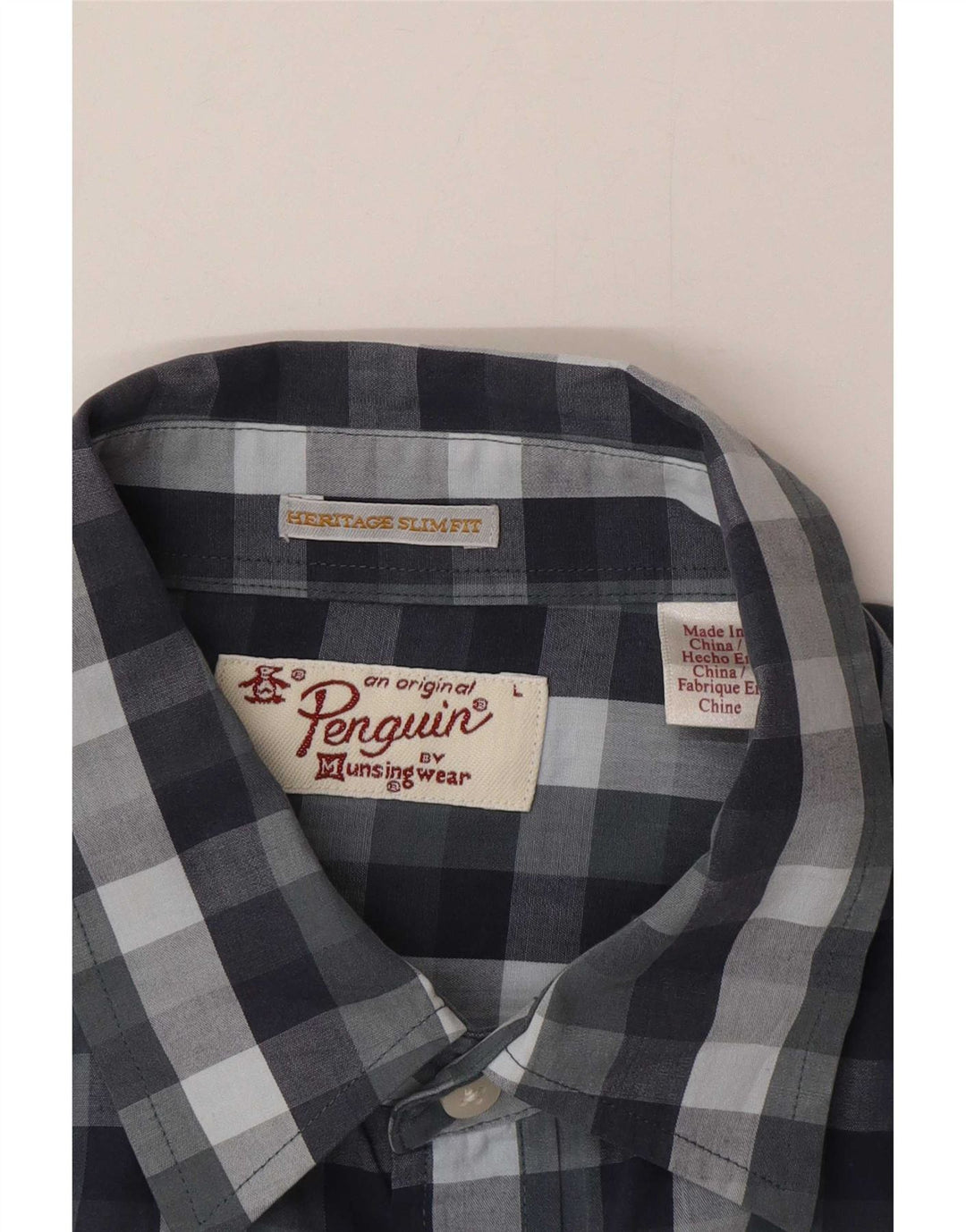 Penguin Mens Heritage Short Sleeve Slim Fit Shirt Large Navy Blue Gingham