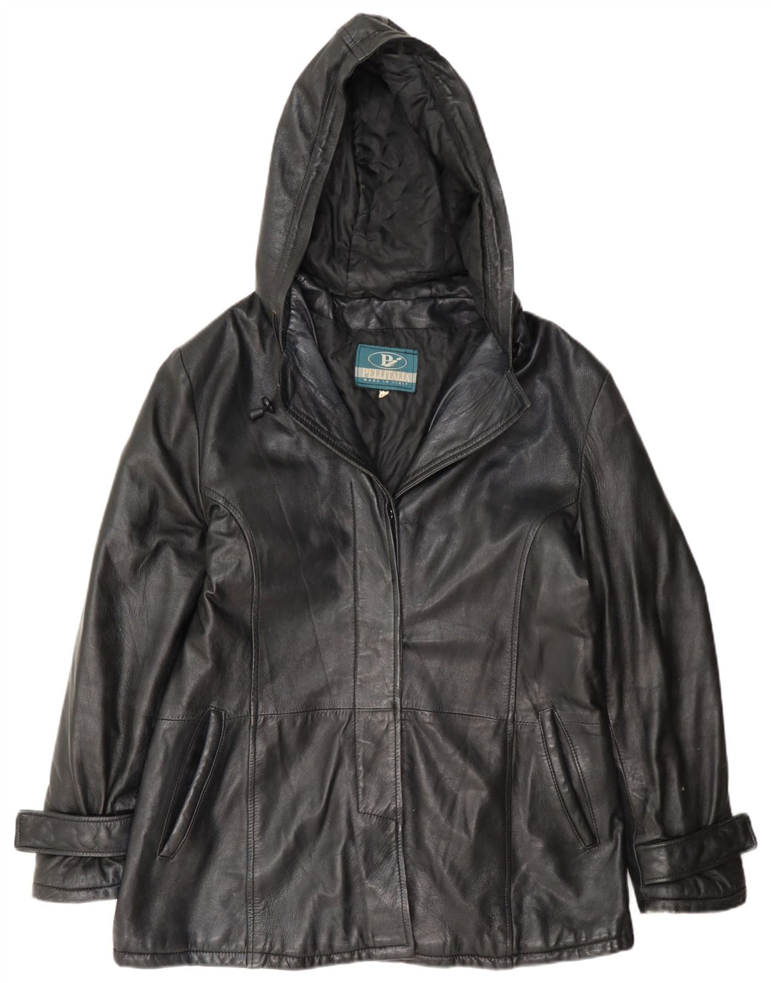 Pellitalia Womens Hooded Leather Jacket UK 18 XL Black