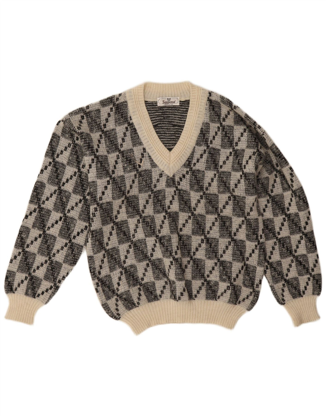 Suspense Mens V-Neck Jumper Sweater IT 50 Medium Black Geometric Acrylic