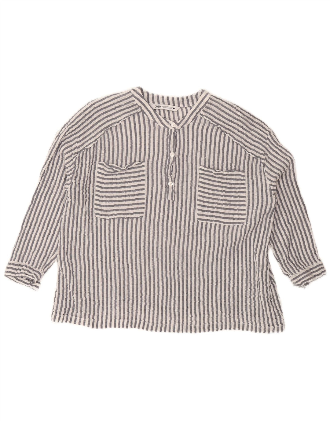 Zara Womens 3/4 Sleeve Oversized Blouse Top UK 6 XS Grey Striped Cotton