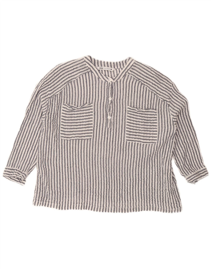 Zara Womens 3/4 Sleeve Oversized Blouse Top UK 6 XS Grey Striped Cotton
