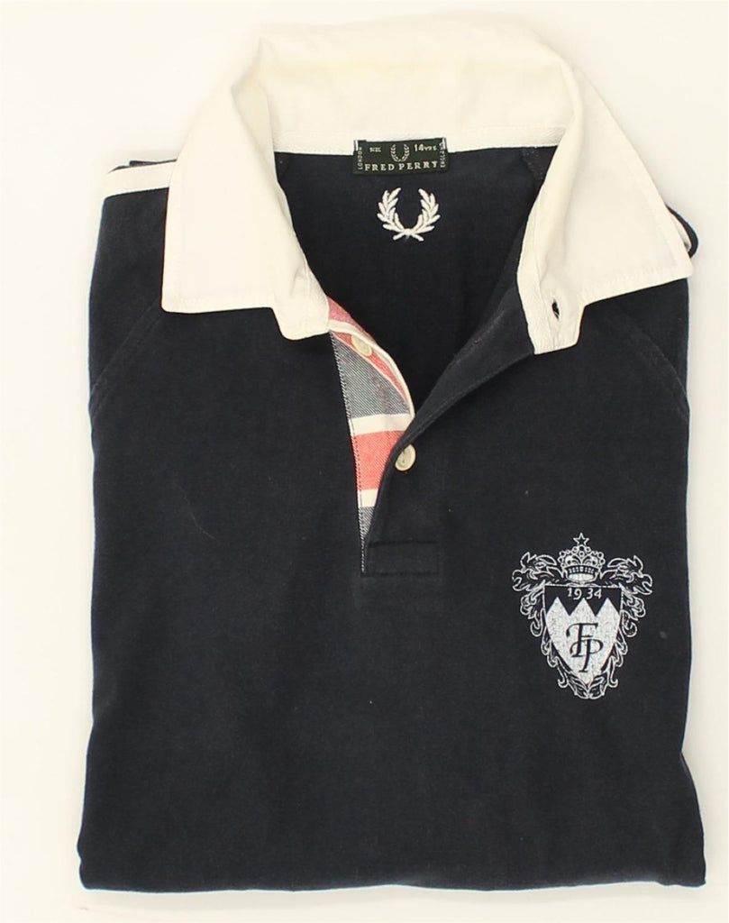 FRED PERRY Boys Long Sleeve Polo Shirt 13-14 Years Navy Blue Cotton | Vintage Fred Perry | Thrift | Second-Hand Fred Perry | Used Clothing | Messina Hembry 