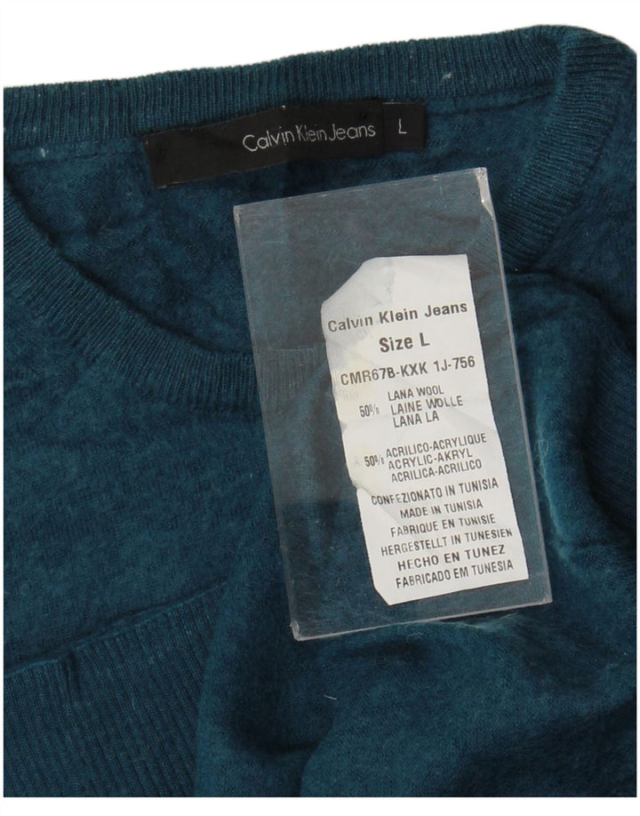Calvin Klein Jeans Womens Crew Neck Jumper Sweater UK 16 Large Blue Wool